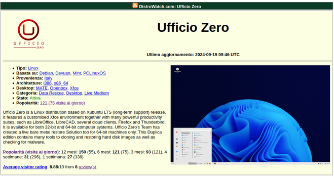 il sito Distrowatch.com mostra Ufficio Zero Linux OS al ventisettesimo posto nell'ultima settimana. Lascia anche tu una recensione sul sito distrowatch!