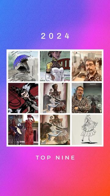 A collage featuring nine images related to art and illustration, including character designs, sketches, and a person posing in a creative space. The layout presents a variety of styles, showcasing both selfies, digital and traditional artwork.