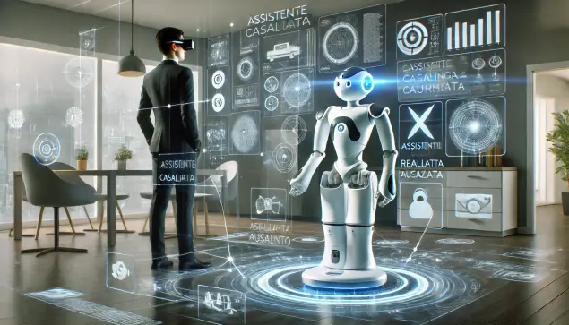 Un uomo attraverso un visore di realtà aumentata dà indicazione ad un robot umanoide sul da farsi.