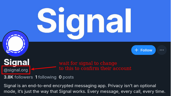 Anyone know if this is legit Signal Bluesky account? Account not listed on their website

Or maybe one day it can show the domain name which is another way for others to visually confirm @meredithmeredith.bsky.social