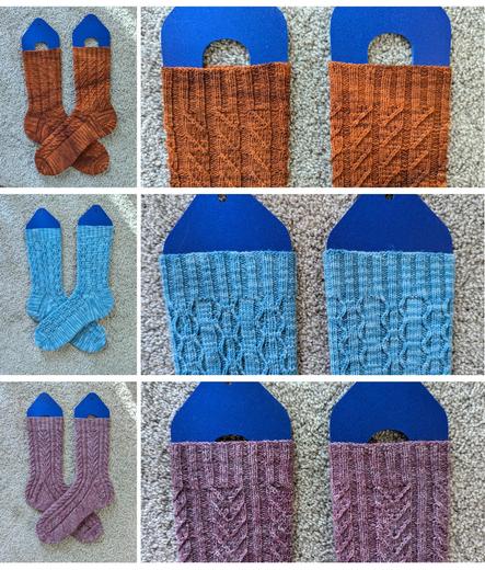 A collage of the three pair of socks that make up the Twisted Trilogy: Boulevardier (amber socks with columns of mirrored left and right twists), Sapphire Martini (bright blue socks which have staggered twists that wave back and forth), and Aviation (heathery purple socks with columns of chevrons.) Each is shown as a pair and with a closeup of the cuffs.
