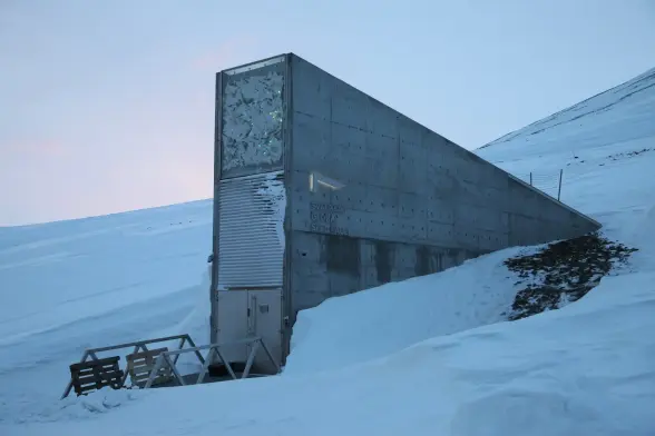 In the center, a gray concrete wedge-shaped structure emerges from  a snow-covered hillside. On the tallest flat side of the wedge are doors at the bottom topped by a grill and then a what appears to be a textured panel, all in similar shades of gray. A small offwhite walkway leads up to the doors in the lower left. All around are smooth snow-covered slopes below a pearly gray sky that has just a touch of peach along the skyline to the left of the structure.