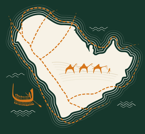 Illustration of the arabic peninsula, crossed by camel roads and surrouded by boats itinerary.
