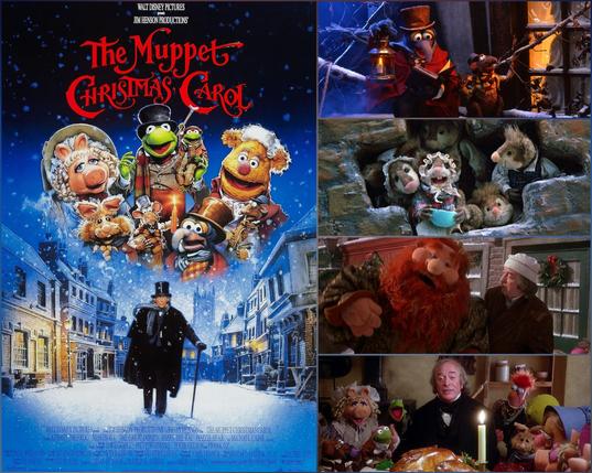 A compilation of images including the Muppet Christmas Carol film poster, created by Drew Struzan showing Scrooge walking in a dark, snowed-down alley with all the Muppet characters appearing above him. Also several screenshots from the film including Gonzo as Charles Dickens with Rizzo the rat, several little Muppet mice gathered together inside an opening in a wall, one of them holding a little bowl appearing to be asking for food, Michael Caine and the spirit of Christmas present during the "It feels like Christmas" song scene, and the final scene of the film with Scrooge and the Muppets gathered around the table celebrating together.