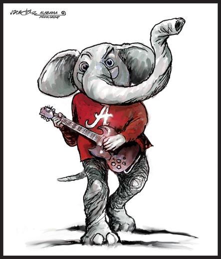 A cartoon of an anthropomorphic elephant wearing a crimson sweater with a white stylized letter A plays guitar left-handed