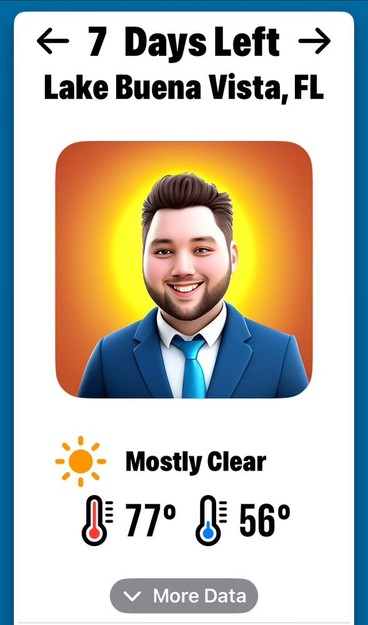 Please Don’t Rain showing a forecast for Lake Buena Vista that is 77°F low 56°F. There is a avatar that looks like Matt the manager with the sun behind him.