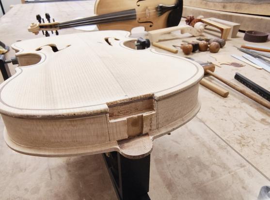 Neck mortise being cut into body of Fiddle #9.