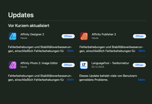 Screenshot: Update für die Affinity Suite.