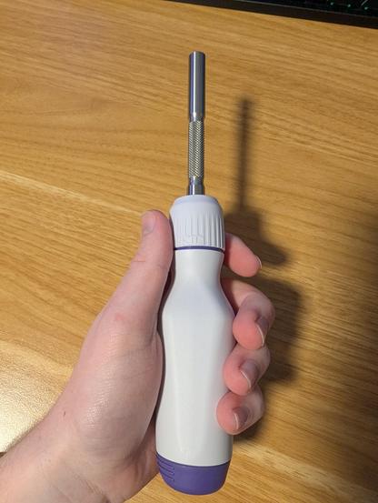 A picture of the LTT screwdriver, in the retro SNES colors, in my hand.