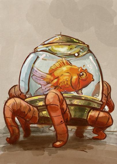 An illustration of a fish that travels in a bowl converted into a mecha with octopus legs.