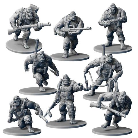 Eight 28mm resin miniatures of orc commandos in various poses, armed with weapons, ready for tabletop gaming.