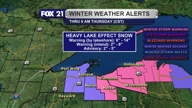 A Winter Storm Warning remains in effect for Gogebic, Iron, and Ontonagon counties until 6 a.m. (Central Standard Time) on Thursday, December 12, 2024 for 5 to 14 inches of snowfall due to lake effect snow showers.  A Winter Weather Advisory is in effect for this same time period for Ashland and Bayfield counties, where 3 to 6 inches of snowfall is forecasted.