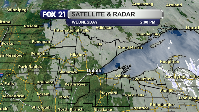 The satellite and radar over the Northland at 2 p.m. on Wednesday, December 11, 2024, shows some sunshine over the Twin Ports, I-35 corridor, and the western half of northwest Wisconsin.  Cloud cover persists elsewhere, with lake effect snow showers persisting on the South Shore region.