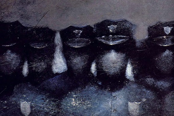 1985 Dark Reflections - An Artistic Abstract

The artwork features a series of dark, reflective surfaces that appear to be water or some liquid medium.
Each reflection is distinct yet blends into the others, creating an impression of multiple faces mirrored in deep blue hues with subtle highlights and textures.