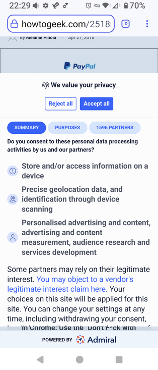howtogeek privacy pop-up lists over 15000 sites using your browsing .... and it says "we value your privacy"