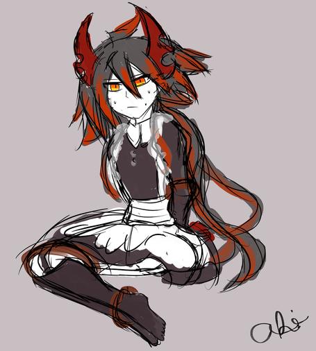 A sketch of a demon named Ivlis dressed as a maid. Brown ropes surround his ankles, arms, and thighs.