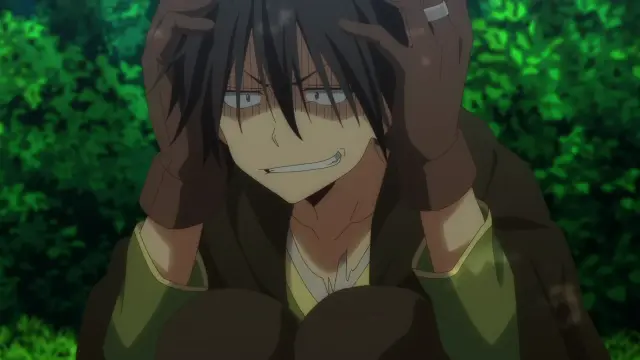 Main character looking scared, crouching behind some bushes