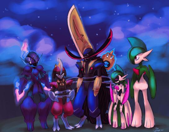 6 Pokemon standing before a dark, cloudy night sky. They include Ceruledge, Bisharp, (shiny) Kingambit, Rotom-Wash, Iron Valiant, and Gallade.