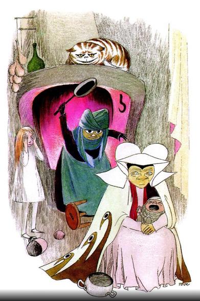 An illustration featuring a scene with a young girl hiding her face and two mysterious figures wearing odd cloaks. One is the Cook with the frying pan held aloft and one is the Duchess, holding her crying baby. The grinning Cheshire Cat is perched on a shelf above a fireplace, adding a weird element.