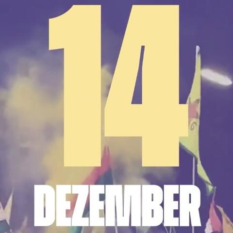 Sharepic mit dem Text: 14 Dezember. Im Hintergrund Fahnen und Rauch