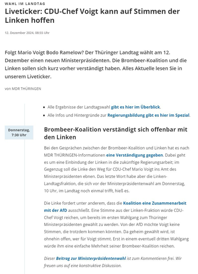 Screenshot von mdr.de mit dem Liveticker für Thüringen
