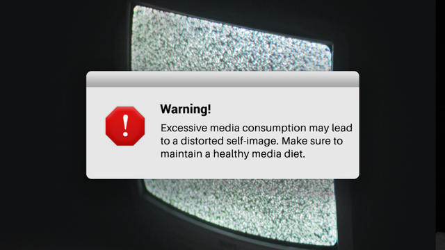 a photo showing a TV in the background and in the foreground a warning message: excessive media consumption may lead to distorted self-image