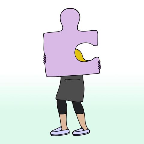 An illustration of a caucasian person wearing a yellow top, purple nitrile gloves, a grey apron, black ¾ length leggings and lavender moccasin shoes, carrying a large purple jigsaw piece. (Artwork by Jenny Mathiasson 2024)