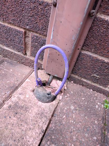 Photo of a purple cable snaking its way out of a conduit on a block paved driveway, next to a piece of metal trunking which runs up a brick wall.