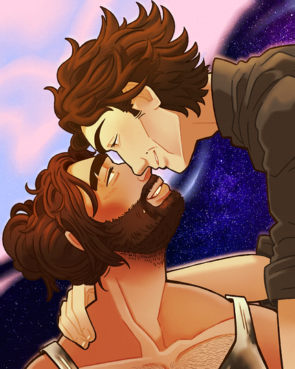 Digital drawing of Viktor and Jayce Talis from Arcane: League of Legends. One hand behind the back of his neck, Viktor is leaning over Jayce who's looking up toward him. They're both smiling and their faces are a little flushed. Jayce has a full beard and is wear a white tank top with black grease or oil stains. Their faces are close enough that their noses are touching, like Viktor is going for a kiss. The background is half a gradient of light blue and light pink, half outer space (dark blue with stars everywhere) the two mixing together.