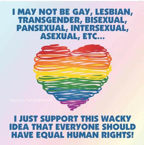 A drawing of a colorful heart. "I may not be gay, lesbian, bisexual, pansexual, intersexual, asexual, etc...
I just support this wacky Idea idea that everyone shuld have equal human rights!

Eine Zeichnung eines bunten Herzens. "Ich bin vielleicht nicht schwul, lesbisch, bisexuell, pansexuell, intersexuell, asexuell, etc....
Ich unterstütze nur diese verrückte Idee, dass alle Menschen die gleichen Menschenrechte haben sollten!