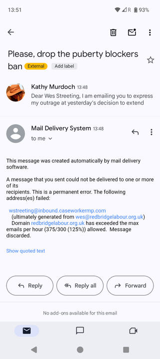 A screenshot of my mailbox with an auto reply stating the recipient mailbox has exceeded its hourly limit of 300 emails by around 75