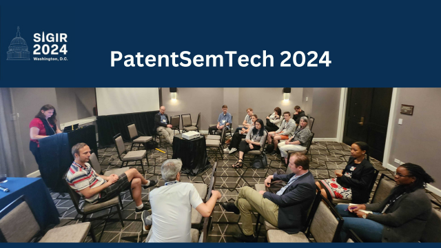 The participants of the 2024 PatentSemTech Workshop discussing in a hotel room during the SIGIR 2024 conference in Washington.