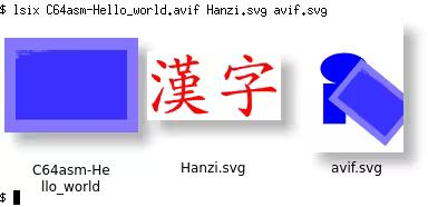 3,5Ko AVIF picture showing sixil output of lsix displaying in a terminal, avif, svg, and svg embedding avif