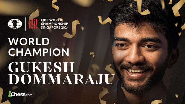 Cartel dedicado al nuevo Campeón del Mundo de ajedrez, el indio Gukesh Dommaraju con los logos de la Fédération internationale des échecs o International Chess Federation (FIDE), del torneo disputado en Singapur y de la web Chess.com. En el cartel aparece Gukesh sonriente y su
 proclamación como Campeón del Mundo.