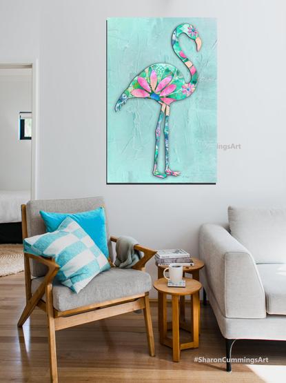 Colorful flamingo in blue, aqua and pink with large pink daisies by artist Sharon Cummings.