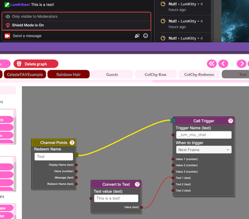 Screenshot of the VNyan node editor and OBS
A call trigger node named _lum_miu_chat is being called with a text value of "This is a test!". This is activated by a channel point redeem named "Test".
In the OBS chat window, we can see that the channel bot "LumKitten" has said "This is a test"