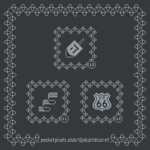 a pixel art illustration of a dreidel showing the 'hei' face, a flowing ribbon with multiple folds in it, and a shield-shaped road marker that says 'US 66'.