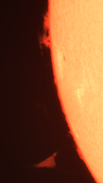 The Sun in H-Alpha light (656.23 nm). On the limb, two prominences, while the activer region AR 3803 can be seen on the solar disk.