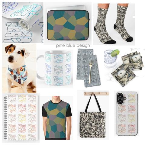 A collage of aviation-themed designs by Pine Blue Design, featuring a variety of products adorned with unique patterns. The collection includes:

Aresti Chart Patterns: Technical aerobatics routine charts in vibrant colors, showcased on items like wallpaper roll, a mug, a spiral notebook, a phone case, and a bandana modeled by a dog.
Lozenge Camouflage Print: A geometric pattern inspired by historical aviation, displayed on a laptop sleeve and an all-over print T-shirt.
Vintage Aviation Graphics: Illustrated motifs of pilots and aircraft, found on socks, a tote bag, cloth napkins, and drink coasters.
The patterns blend technical, historical, and artistic elements, making each product distinctive while celebrating the spirit of flight.