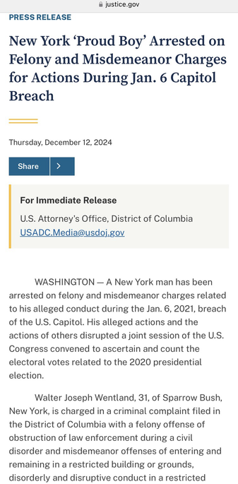 Screenshot of Department of Justice press release regarding January 6th riot suspect Walter Joseph Wentland (Sparrow Bush, New York).