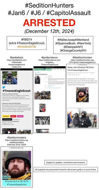 Photos of now-arrested January 6th riot suspect known to Sedition Hunters as “Treason Eagle Scout” (FBI Photo Number Two Hundred Seventy-Four).  Subject to updates, corrections, and revisions.  All suspects are presumed innocent until proven guilty in a court of law.