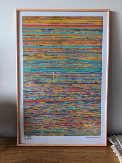 Photo of the framed print with the illustration of all the scores.
The illustration is a colorful representation of all the NAVE Arcade  scores, with lots of horizontal lines really close to each other, in a six color palette
