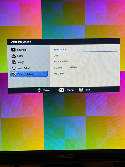 A colorful 640x480 test pattern displayed on a LCD monitor