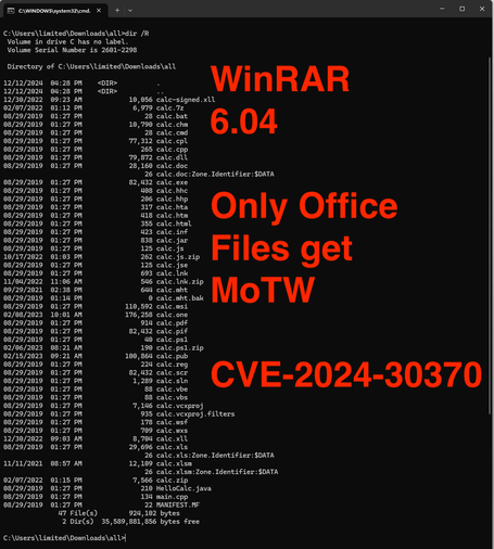 DIR /R for extracted downloaded files - WinRAR 6.04
Only some office files get MoTW