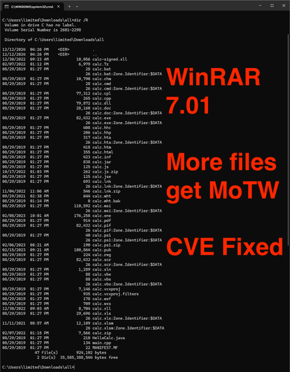 DIR /R for extracted downloaded files - WinRAR 7.01
More files get MoTW, but not all.
