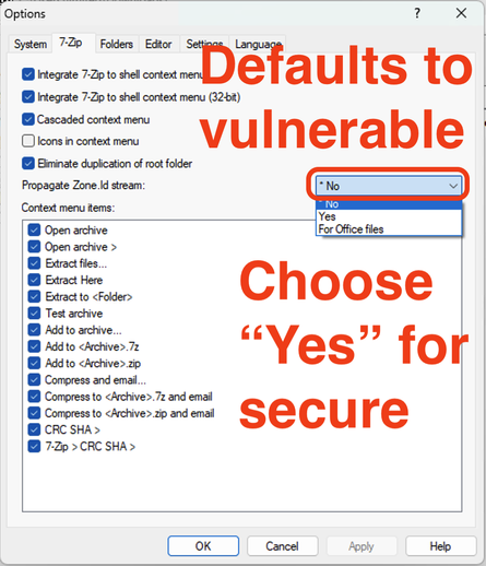 7-Zip Options screen that shows "Propagate Zone.Id stream" option
By default, no MoTW is written.
Choose "Yes" to be secure.
