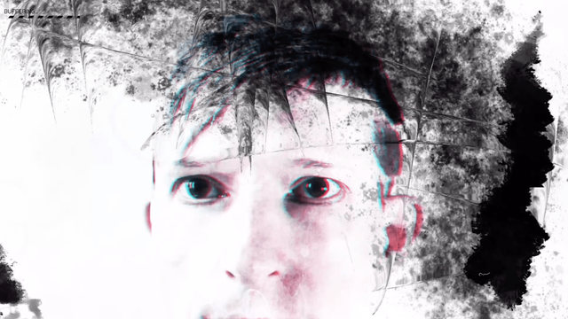 Image from a film shoot of my face with glitching effects and filters like scratches, shaking, 3d, overpaintings with black color, grunge effects etc.