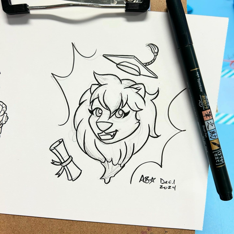 Line art drawing in ink, of a cartoon lion with diploma and hat, and paint in mane.