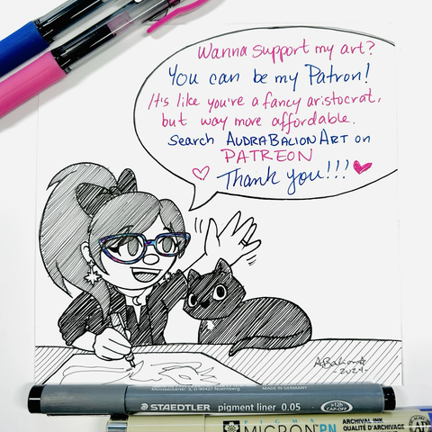 Cartoon of Audra smiling, beside black cat. Speech bubble suggests you become  Audra’s patron.