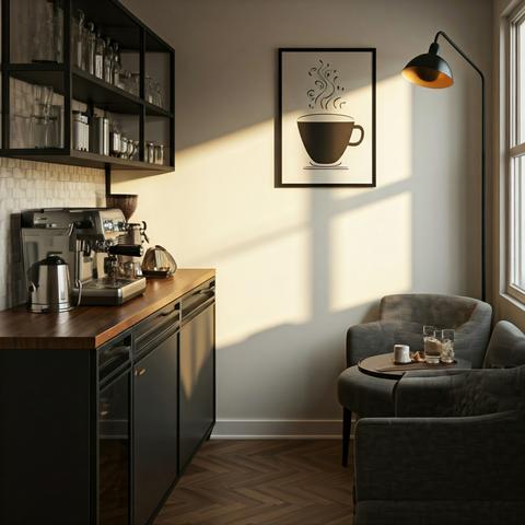Render of a simple home cafe in a breakfast nook area.
